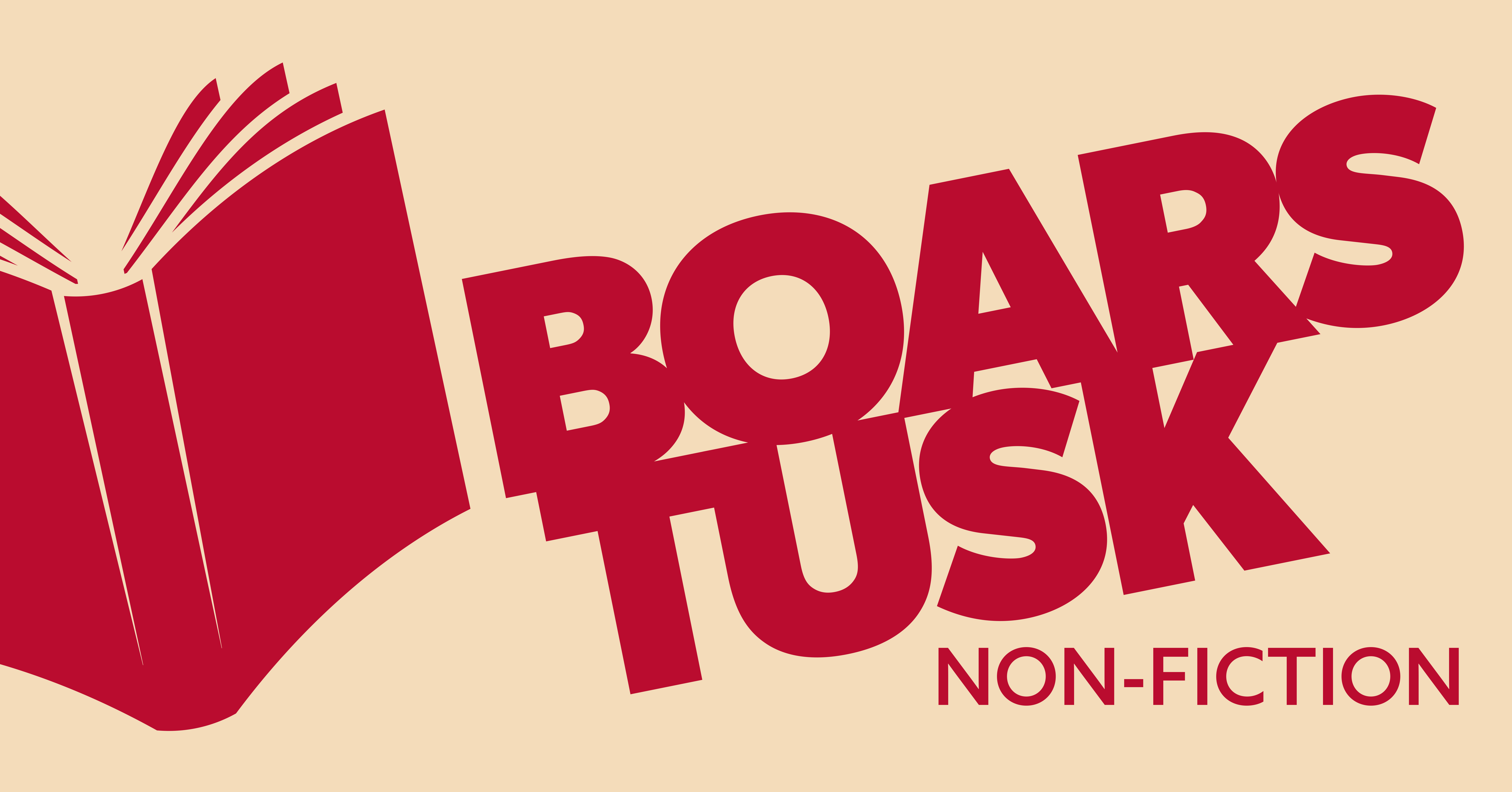 Logo that reads Boars Tusk Fiction with a tan background and red lettering with a red book graphic.