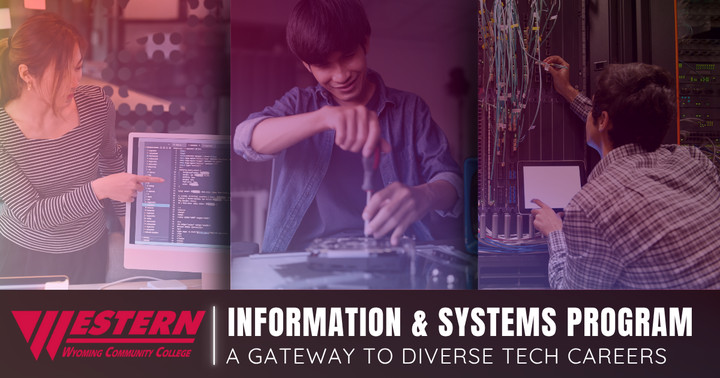 Students working on various tech based projects. Western's logo is in the bottom right with Information & Systems Program A diverse way to Tech Careers in the lower right