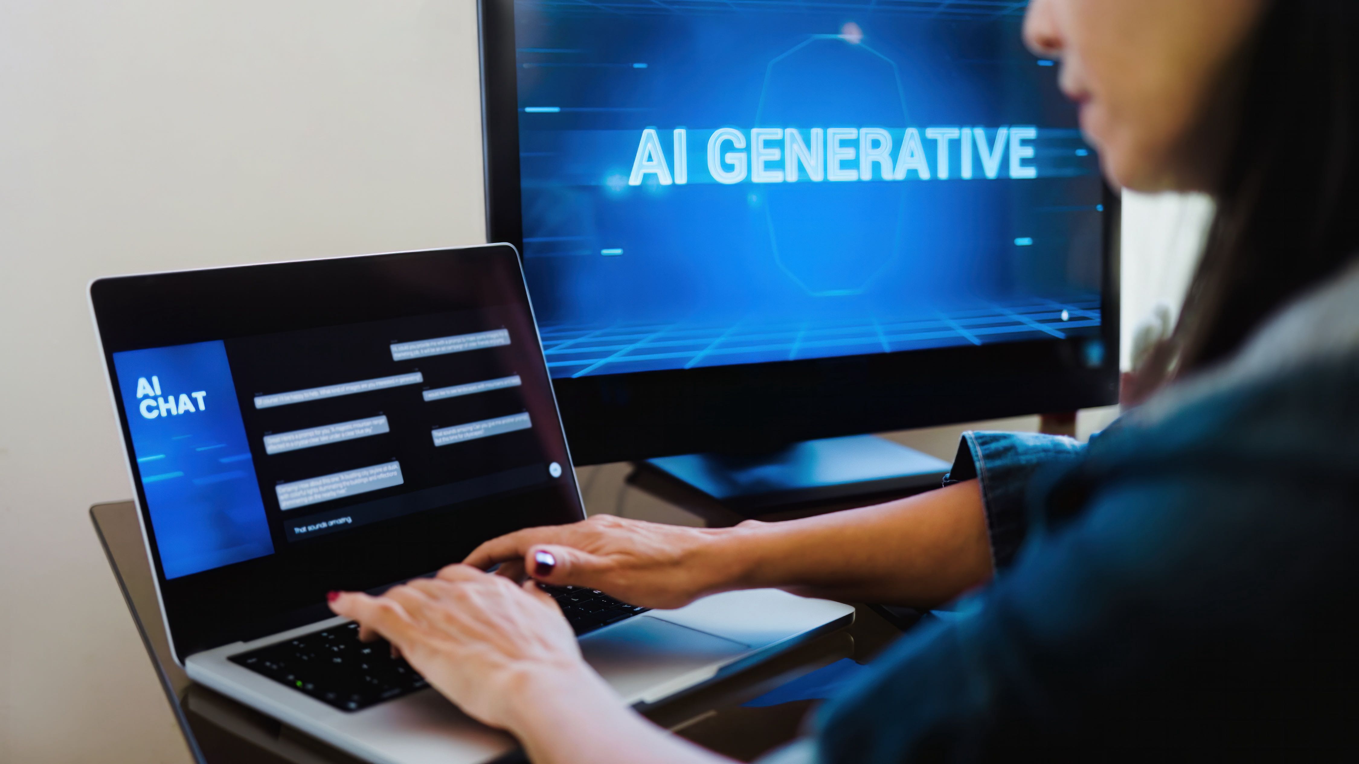 Someone working on a computer with a blue screen that says AI