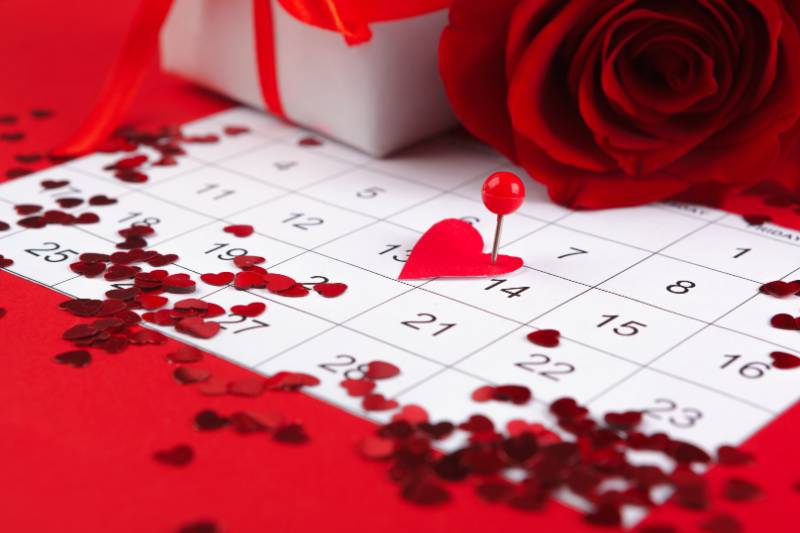 February 14 on calendar and decorations for Valentine's Day