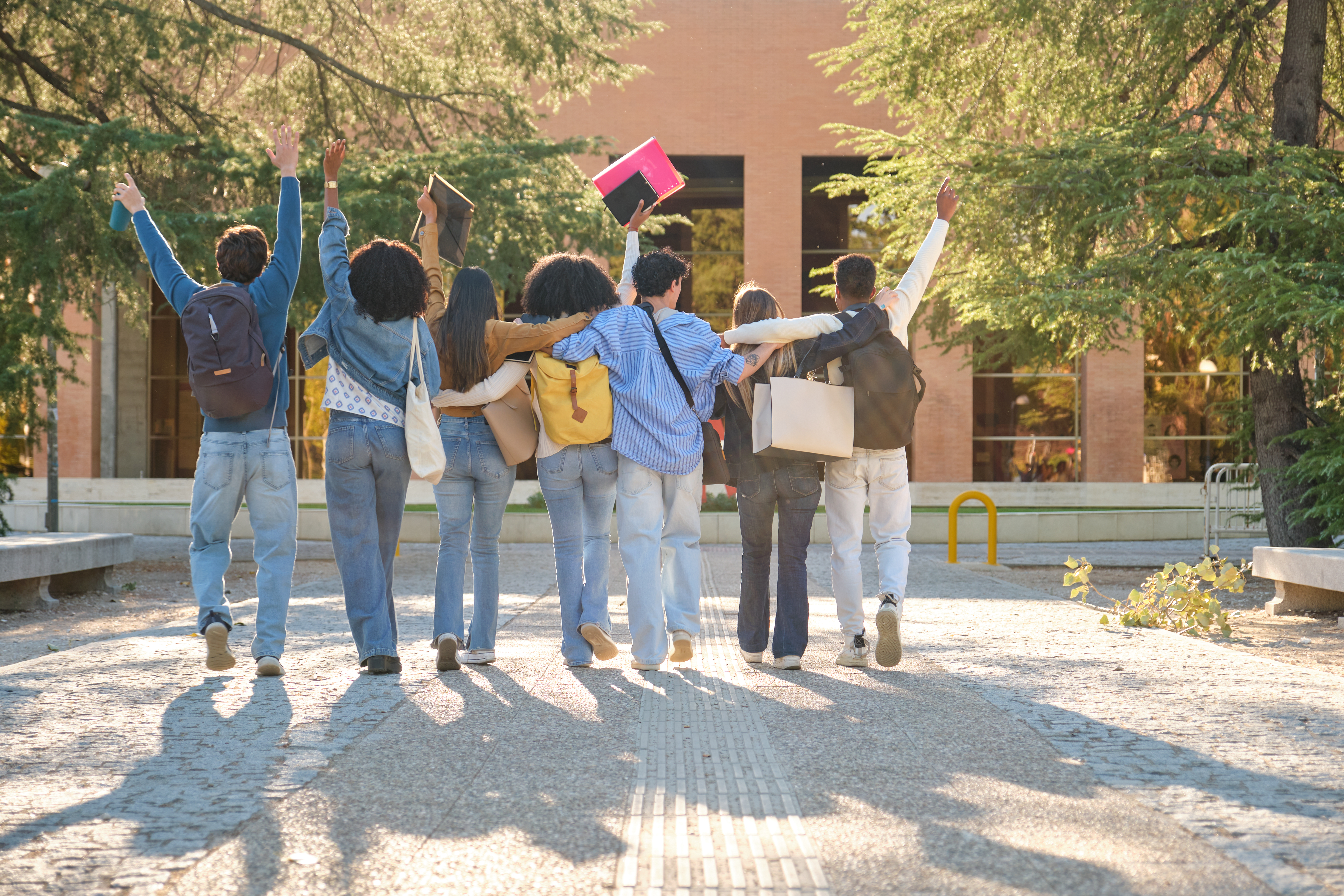 Seven young adults are walking away from the camera, their arms around each other's shoulders, in what appears to be a moment of celebration at a school or college. They are walking on a paved path and holding books and backpacks. The sun is shining.