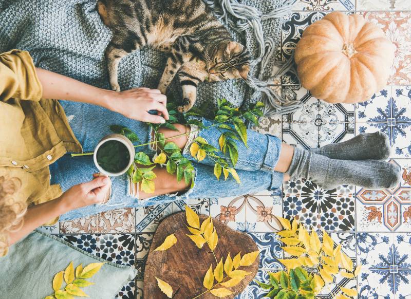 Woman sitting on floor with cat and drinking autumn tea